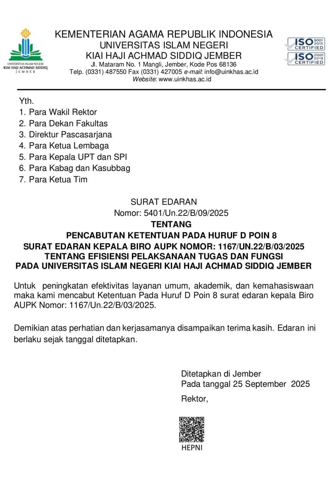 UIN KHAS Jember Terbitkan Surat Edaran Baru Terkait Efisiensi Layanan Akademik dan Kemahasiswaan